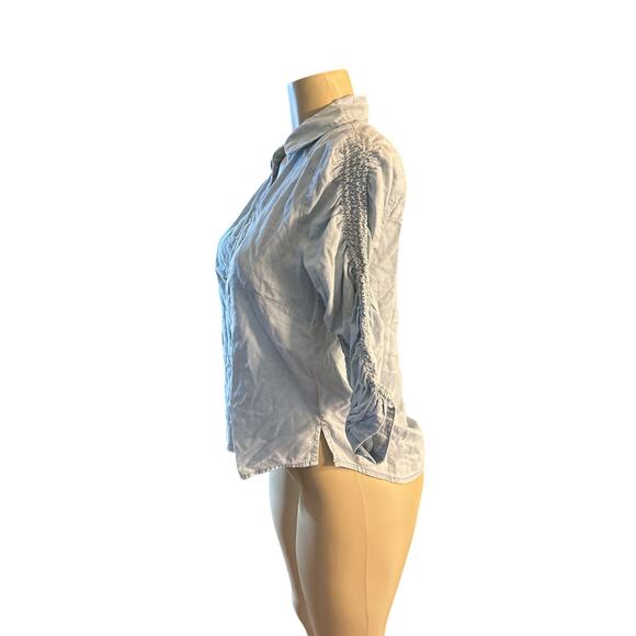 Women 6 Veronica Beard Jeans Denim Chambray Shirt Top Blouse Ruched Snap Button - Picture 3 of 6